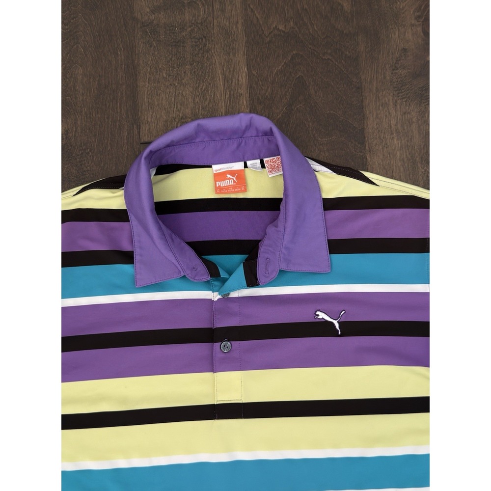 Puma Mens Colorful Striped Performance DryCell Polo Golf Shirt Size XL Logo